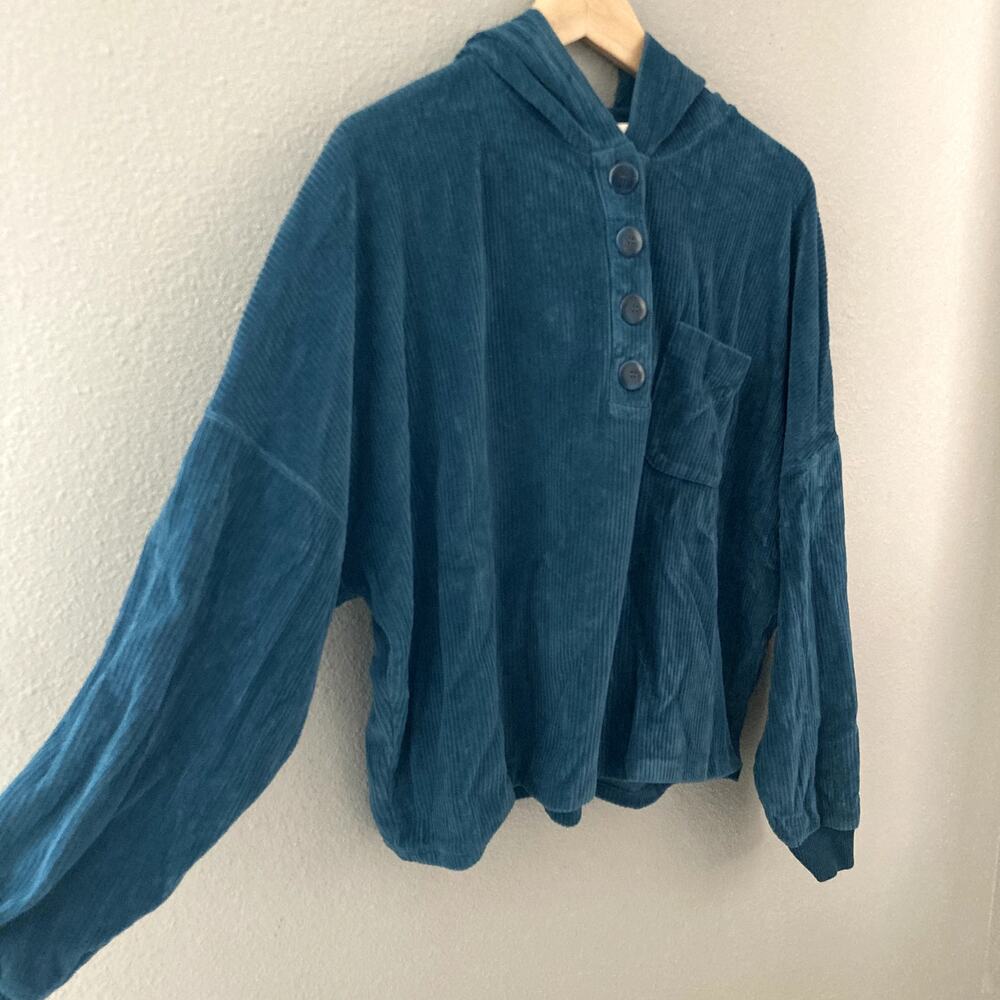 Sezane Anatole Sweatshirt Velour Corduroy Hood Teal Blue XXL - Picture 4 of 9
